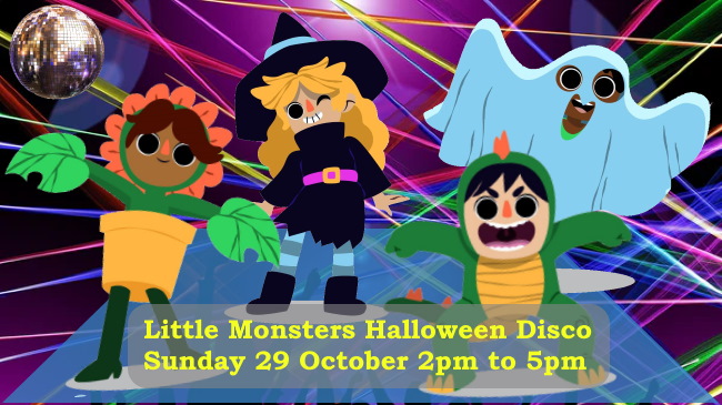 Promo for kids Halloween disco Sunday 28 October 2pm to 5pm