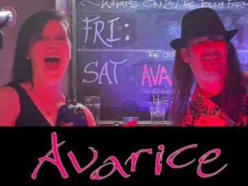Avarice Duo performing and group's logo montage promo slide