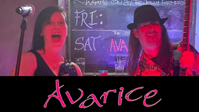 Avarice Duo performing and group's logo montage promo slide