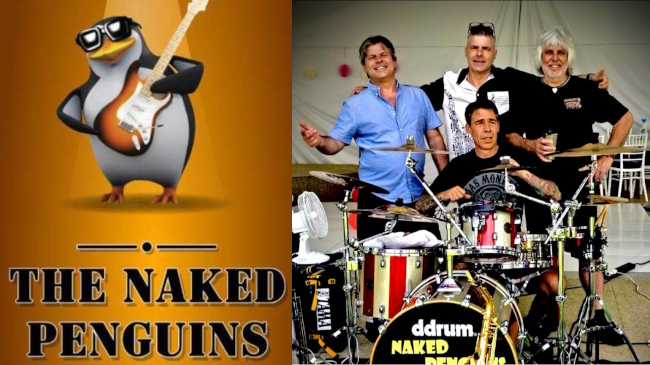 Naked Penguins 4-piece band photo and logo montage for promo slide