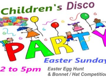 Kids Easter Disco promo slide with background of foil eggs