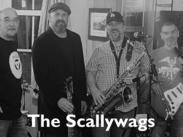 The Scallywags 4 piece covers band with their instruments in a black and white photo.