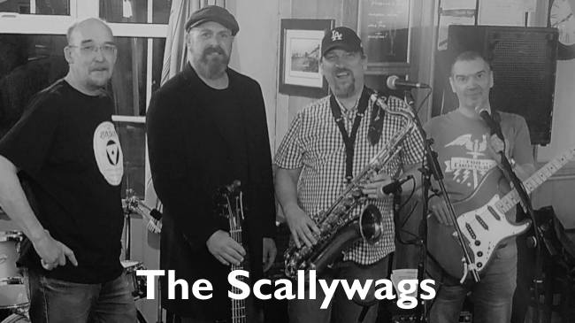 The Scallywags 4 piece covers band with their instruments in a black and white photo.