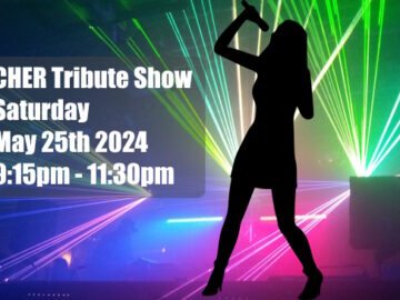 Silhouette of female singer in front of coloured lasers for front page slide promoting CHER Tribute Show