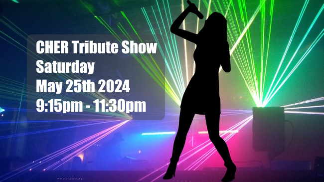 Silhouette of female singer in front of coloured lasers for front page slide promoting CHER Tribute Show