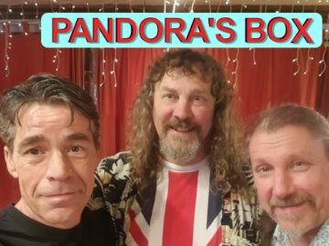 Photo of the three band members of Pandora's Box group for their Club gig's promo slide.