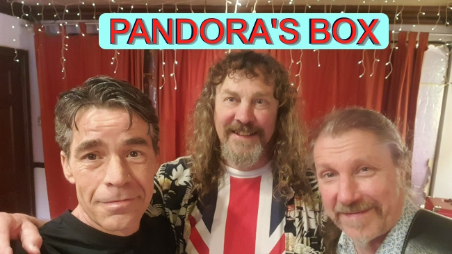 Photo of the three band members of Pandora's Box group for their Club gig's promo slide.