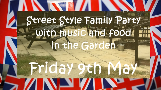 Promo slide for a street style Family Party 9th May in the Garden continuing the VE Day theme