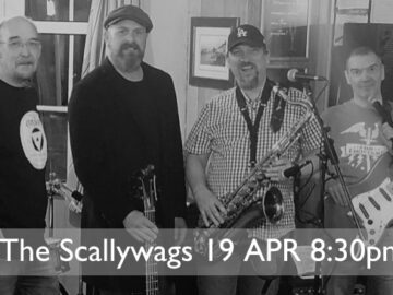 Four-piece cover band striking a pose with their instruments in a monochrome picture.