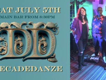 Big logo of DecadeDanze band with Sat Jukt 5th caption on the left and three band members on the right