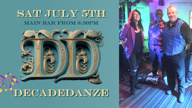 Big logo of DecadeDanze band with Sat Jukt 5th caption on the left and three band members on the right