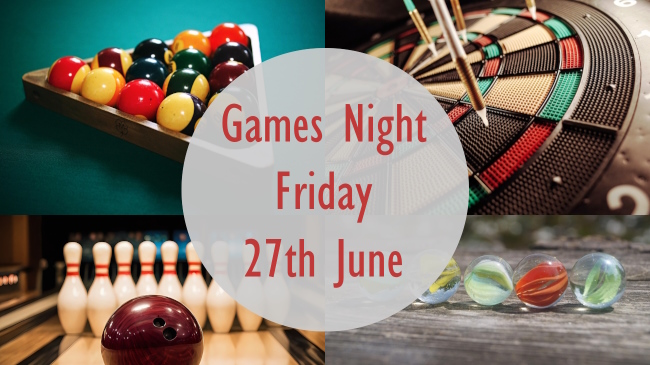Montage of racked pool balls, dart board, marbles and bowling pins with Games Night Friday 27th June caption