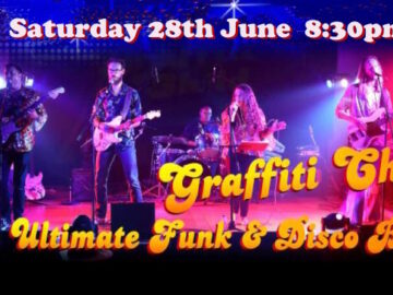 Four piece band on stage with Sat 28th June 8:30pm caption