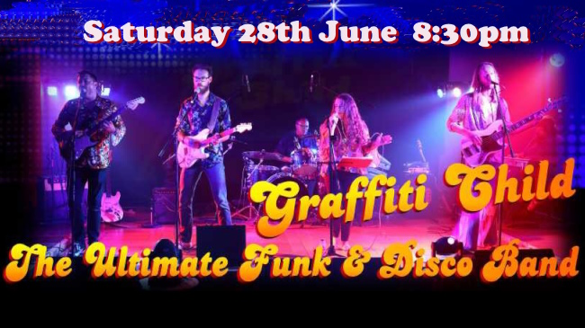 Four piece band on stage with Sat 28th June 8:30pm caption