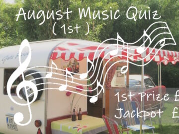 Promo slide for 01 AUG 2025 Music Quiz with classic caravan in a sunny field beneath music stave and details of £50 jackpot and £20 first prize