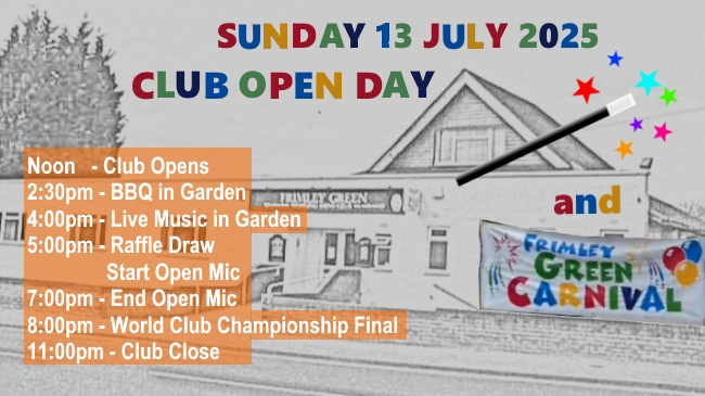 Front of Club pic in black and white with colourful letters promoting Club's Open Day and summary of events programme which is found in the post too.