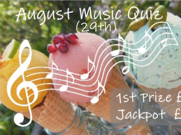 Promotion for end of August 2025 Music Quiz, 1st prize £20 and Jackpot £75