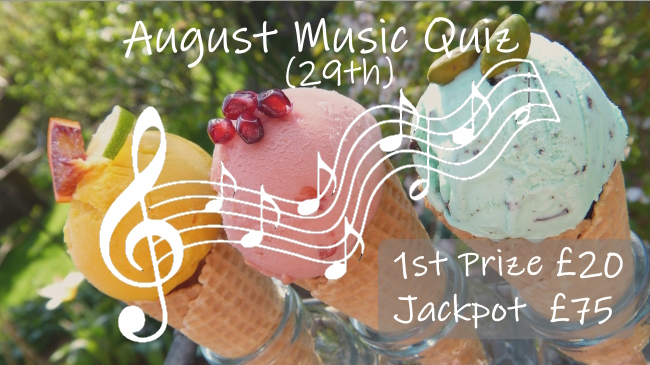 Promotion for end of August 2025 Music Quiz, 1st prize £20 and Jackpot £75