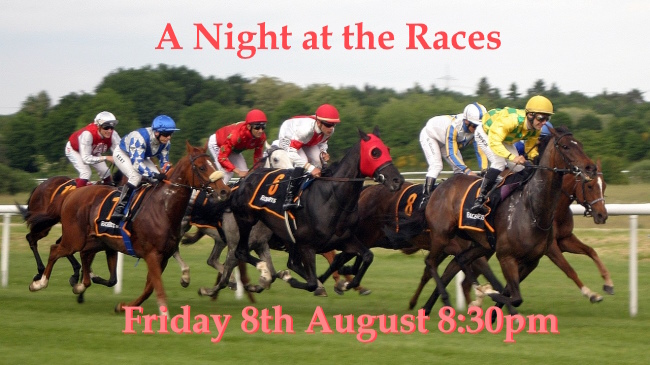 Jockeys and horses racing in promotion for 8th August Race Night at 8:30pm
