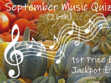 Promotion for September 26 Music Quiz with 1st price £20 and a £100 jackpot.