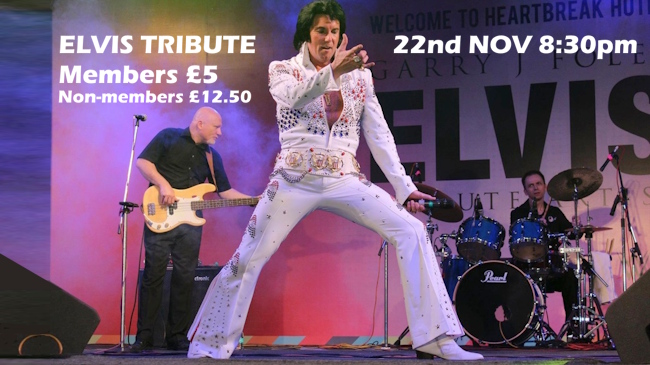 Gary J Foley on stage as Elvis in his world-famous Elivis Tribute show coming to the Club on 22nd November 2025 at 8:30pm