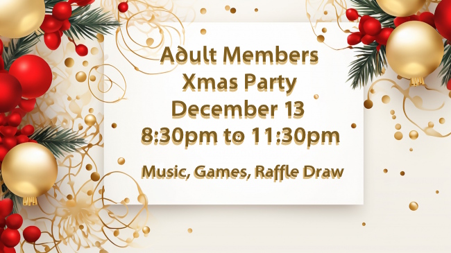 Party invite style notice for the Club Members Christmas Party on December 13th 8:30pm to 11:30pm.