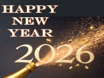 Fireworks sparks from champagne bottle with Happy New Year 2026 text