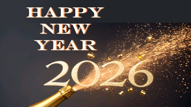 Fireworks sparks from champagne bottle with Happy New Year 2026 text