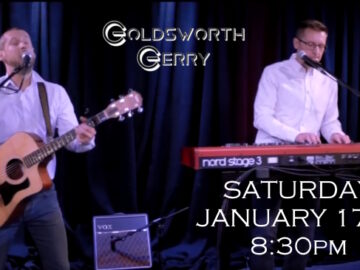 Duo on stage with date and time of next gig at club - Saturday January 17th at 8:30pm