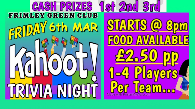 Promo slide for the 6 MAR Kahoot Trivia quiz with prizes for winners. It's pay to play, £2.50 each, to fund the winner's pot. Starts at 8pm.