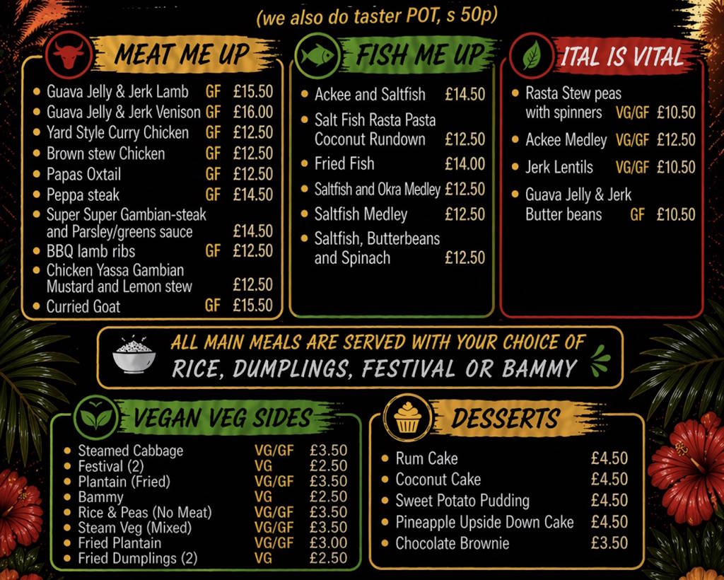Listing of the dishes and prices provided by the Caribbean Food Truck