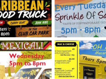 Montage of 4 Food Truck companies that visit the Club per week with Caribbean, Indian, Mexican and Mac-n-Cheese foods