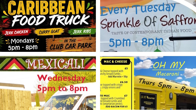 Montage of 4 Food Truck companies that visit the Club per week with Caribbean, Indian, Mexican and Mac-n-Cheese foods