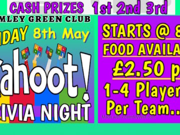 Promo slide for the 8 MAY Kahoot Trivia quiz with prizes for winners. It's pay to play, £2.50 each, to fund the winner's pot. Starts at 8pm.