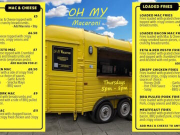 Mac-and-Cheese Food Truck flanked by Mac dishes and Fries dishes with prices