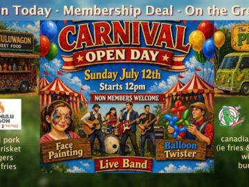 Promotion for 12 July 2026 Club Open Day with Face Painting, Balloon Twister show, a Live Band and 2 specialist food trucks