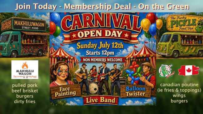 Promotion for 12 July 2026 Club Open Day with Face Painting, Balloon Twister show, a Live Band and 2 specialist food trucks