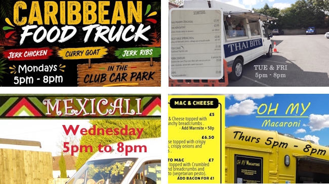 The four food van cuisines at the Club with top row Caribbean and Thai and bottom row Mexican and Mac-n-Cheese.