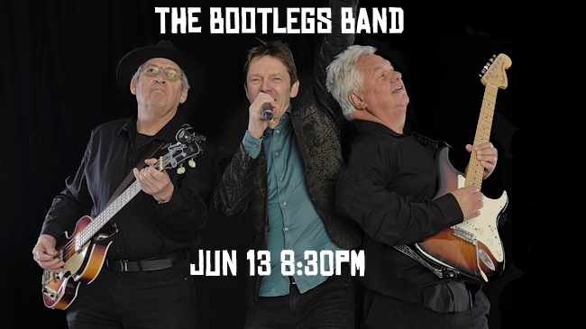 Bootlegs' trio of musicians in a playing pose singer in the middle and guitarists at each end.