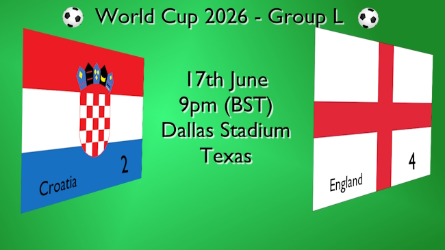 Result of 17 June 2026 Croatia v England shown on the nation flags