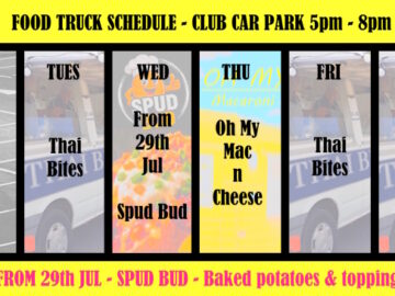 6 day week Monday to Saturday showing which food truck is in the Club car park 5pm to 8pm each day applies from JUL 2026