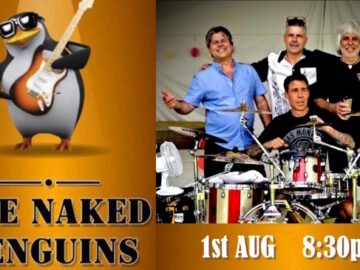 Naked Penguins at the Club 1st August with cartoon penguin on the left and photo of band members posing with instruments on the rigth