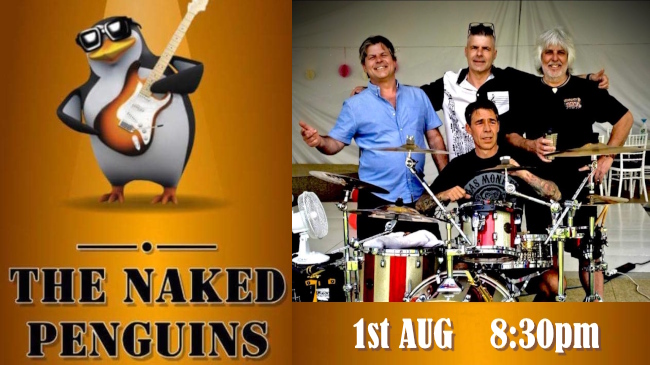 Naked Penguins at the Club 1st August with cartoon penguin on the left and photo of band members posing with instruments on the rigth