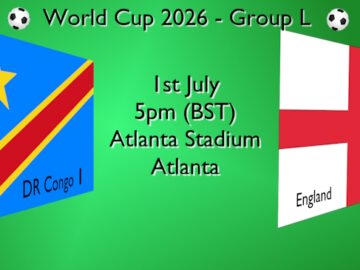 Word Cup football fixture 01 JUL result on the flags of DR Congo and England