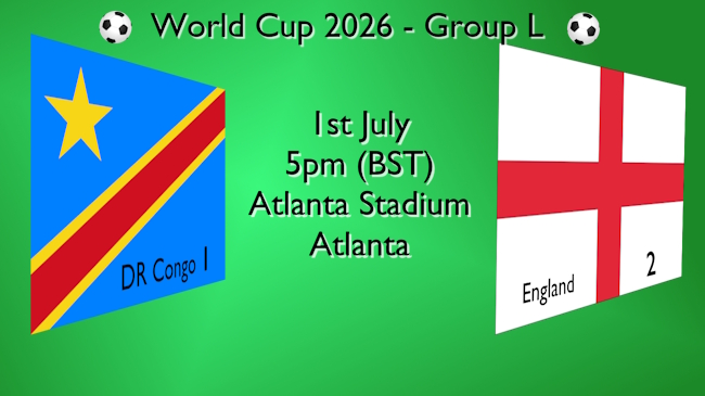 Word Cup football fixture 01 JUL result on the flags of DR Congo and England