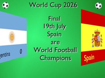 World Cup football final 10 JUL result on the flags of Argentina (0) and Spain (1) - Spain are World Football Champions