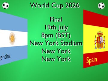 World Cup football final with the flags of Argentina and Spain on 19 JUL at 8pm BST