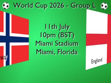 World Cup football fixture with the flags of Norway and England on 11 JUL at 10pm BST