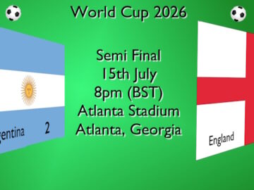 World Cup football semi-final fixture 15 JUL result on the flags of Argentina (2) and England (1)