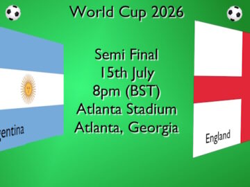World Cup football semi-final with the flags of Argentina and England on 15 JUL at 8pm BST